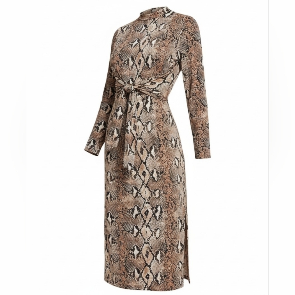 Snake-Print Long Sleeve Tie-Waist Midi Dress